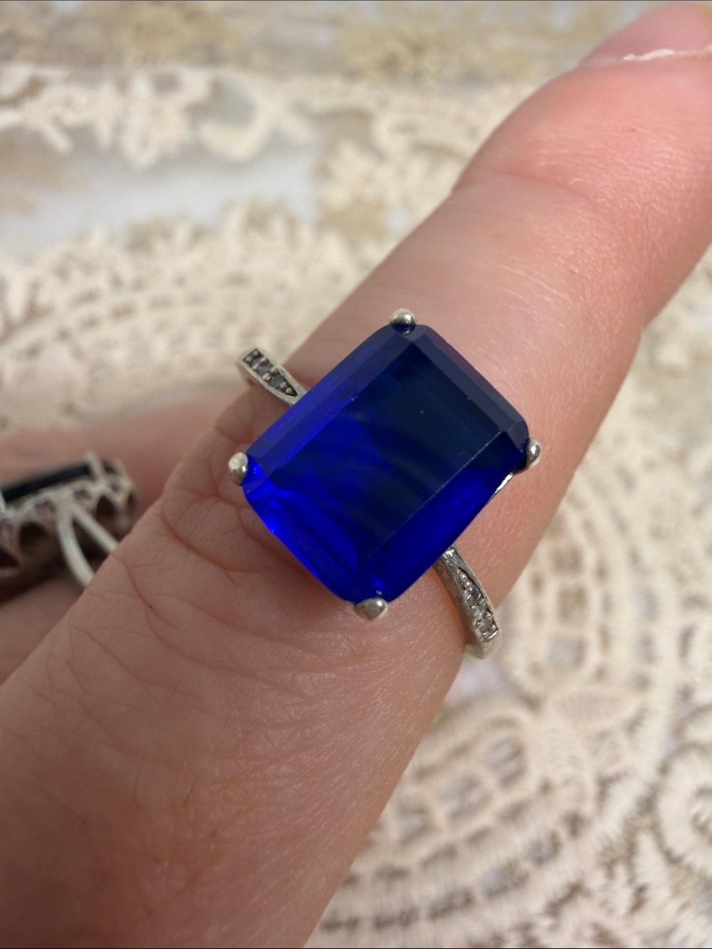 Vintage Created Blue Sapphire 4ct 925 Ring Sz 8 Old Hollywood Y2K Old Money
